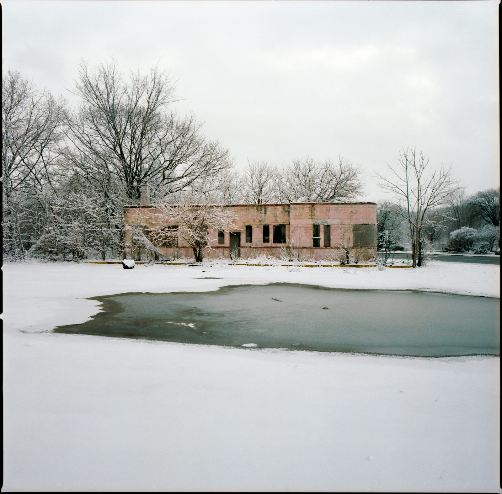 Pink building in snow. Detroit, Michigan