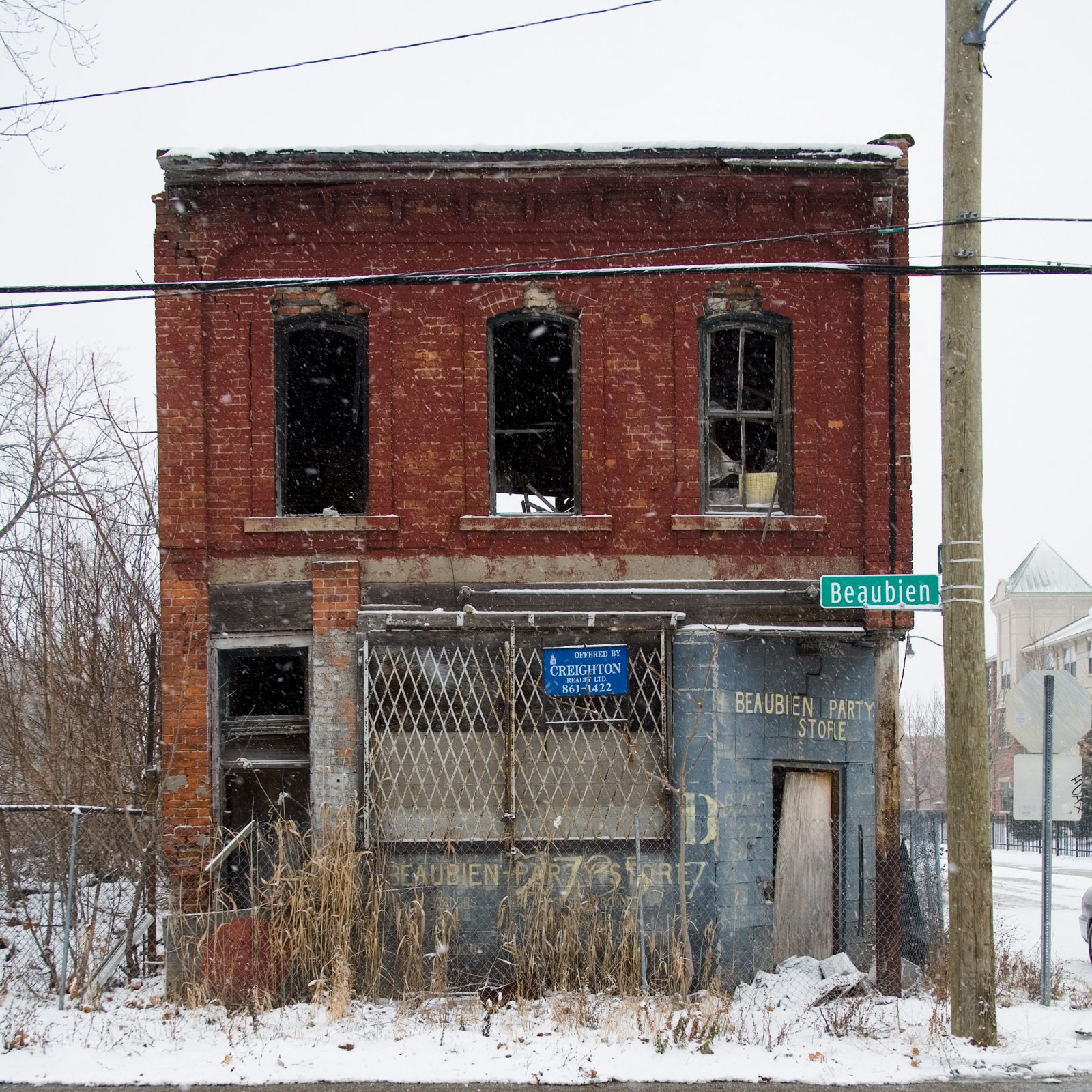 Abandoned Beaubien Party Store in winter. Detroit, Michigan.