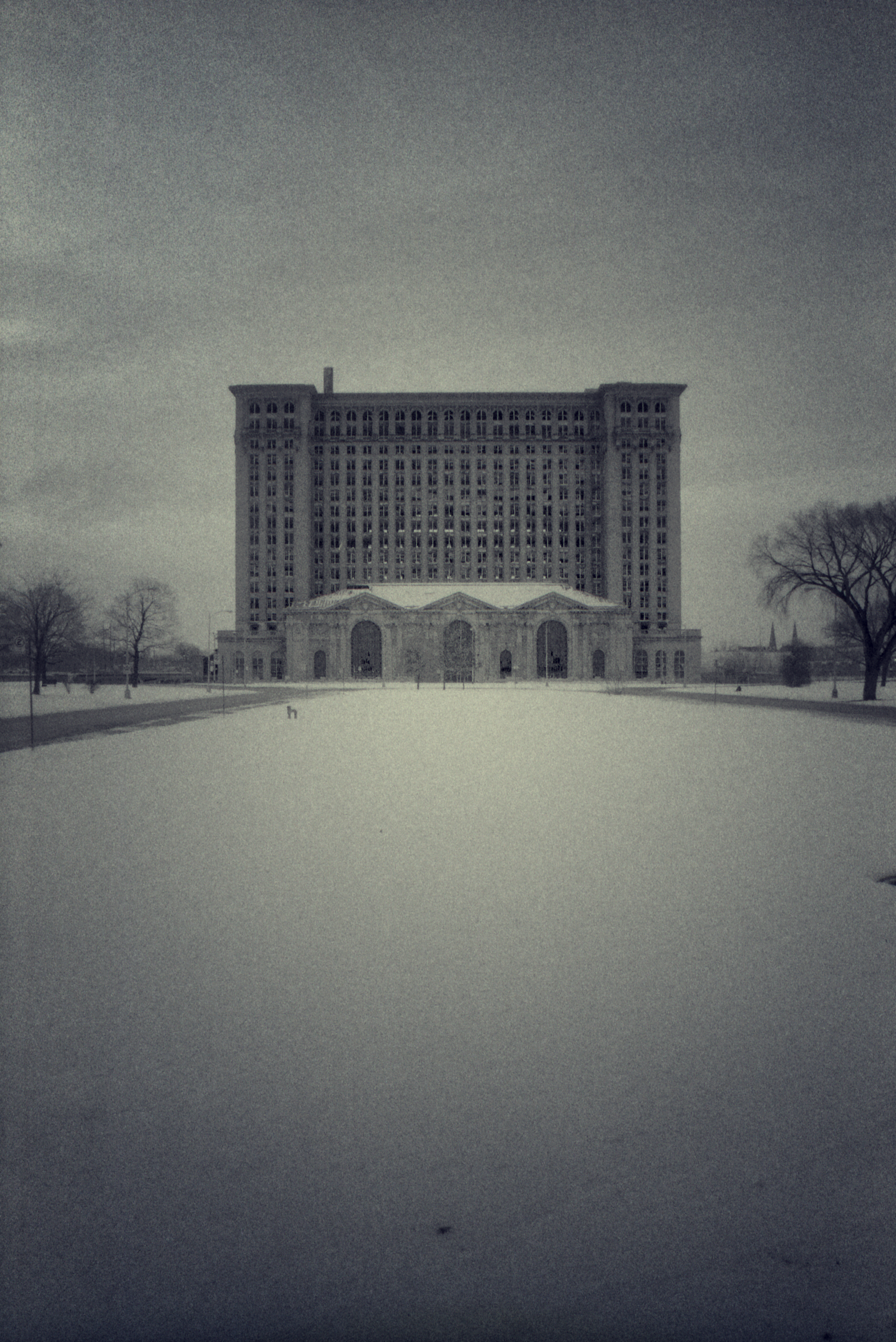 Michigan Central Station, at night, in winter. Detroit, Michigan.