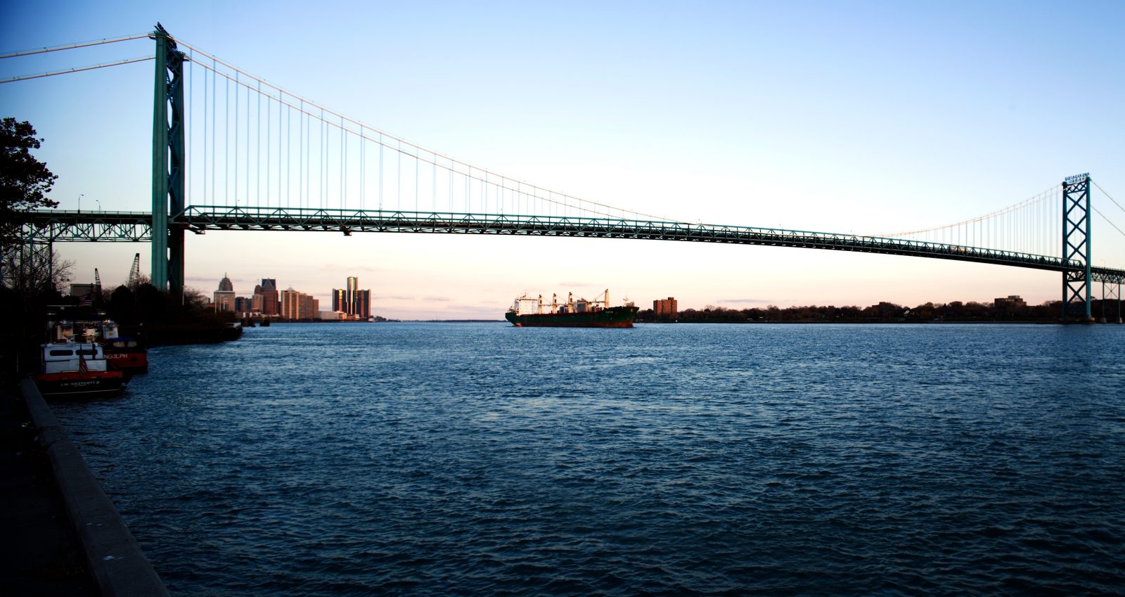 Ambassador Bridge and freighter. Detroit, Michigan.