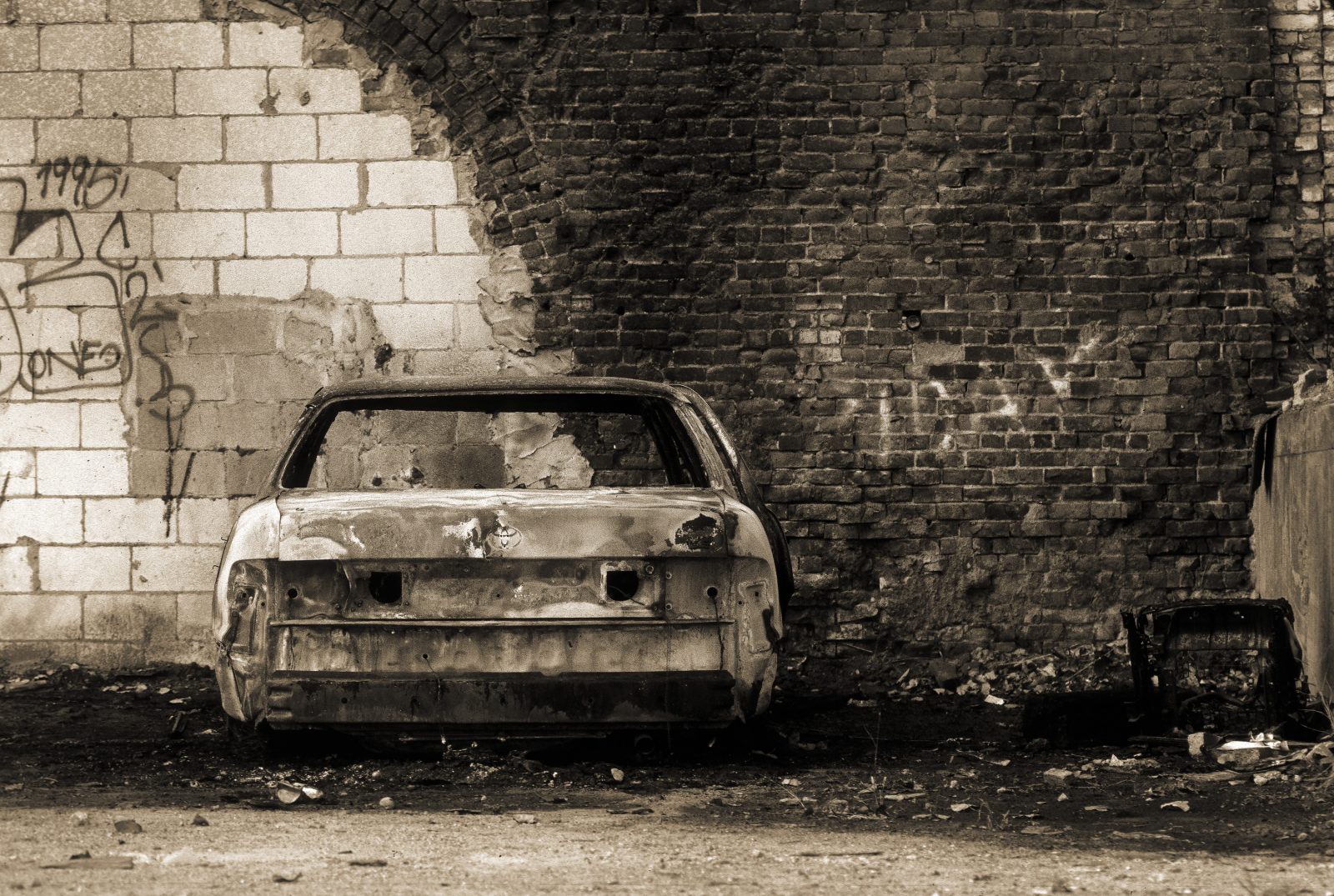 Burned Toyota. Detroit, Michigan.