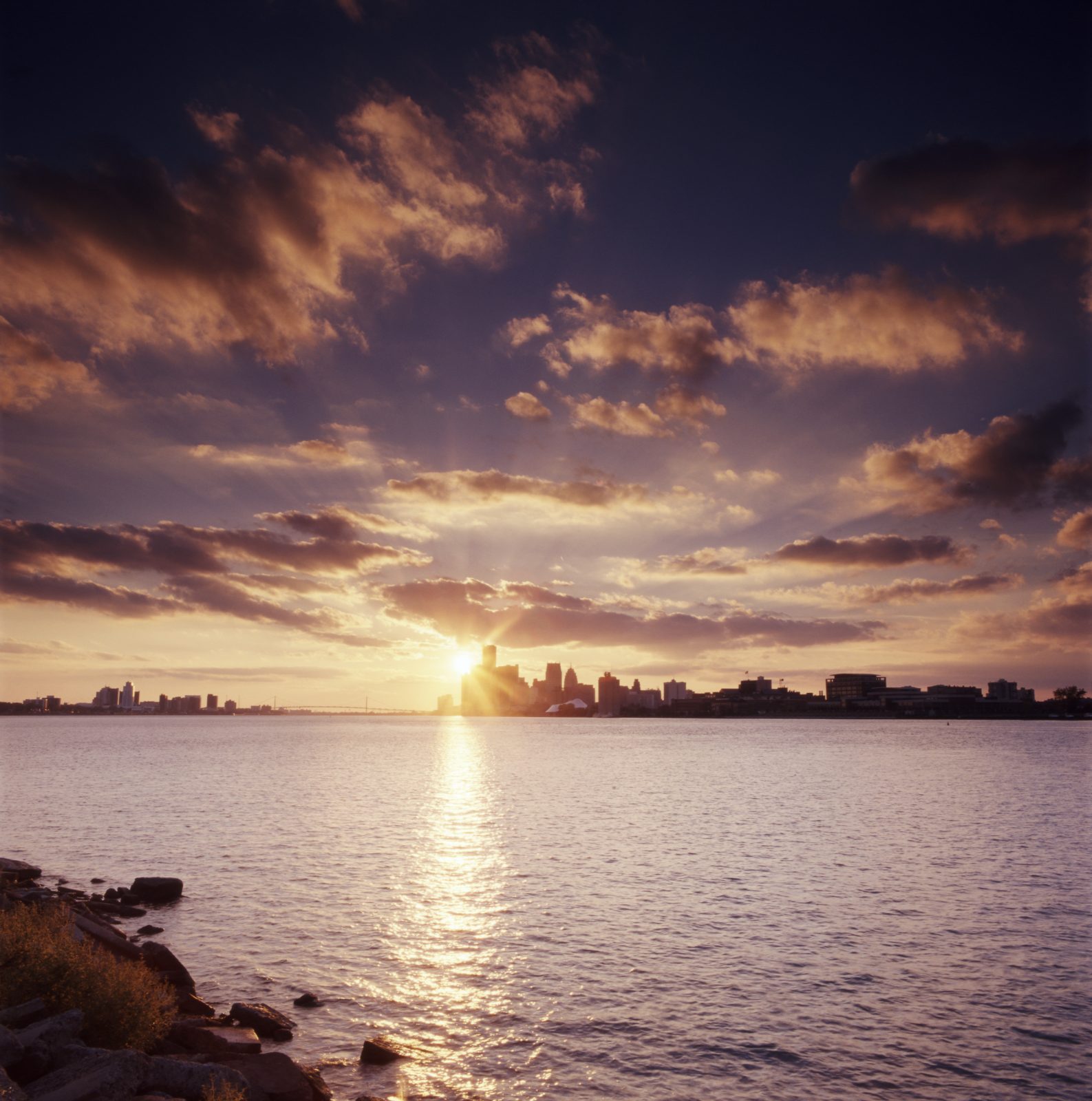 Detroit skyline sunset, from Belle Isle. Detroit, Michigan.