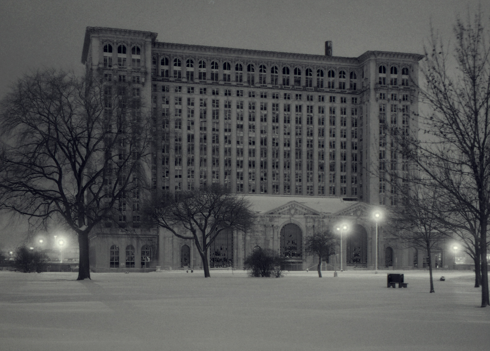 Michigan Central Station at night in snow